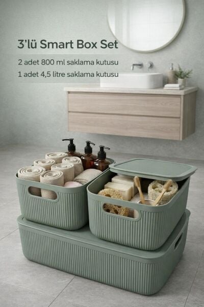 Okyanus Home Linea Smart Box Yeşil 3lü Set 1 Adet 4,5 Lt 2 Adet 2,4 Lt Kapaklı Çok Amaçlı Saklama Kutusu