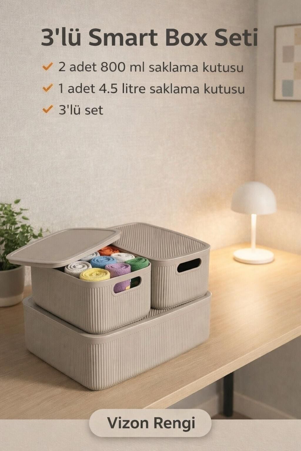 Okyanus Home Linea Smart Box Vizon 3lü Set 1 Adet 4,5 Lt 2 Adet 2,4 Lt Kapaklı Çok Amaçlı Saklama Kutusu