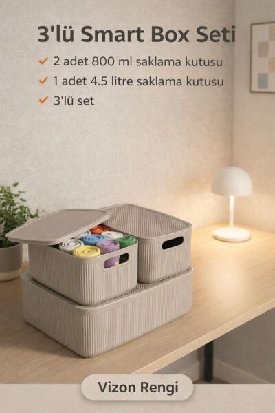 Okyanus Home Linea Smart Box Vizon 3lü Set 1 Adet 4,5 Lt 2 Adet 2,4 Lt Kapaklı Çok Amaçlı Saklama Kutusu
