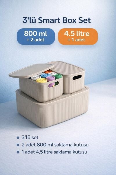 Okyanus Home Linea Smart Box Vizon 3lü Set 1 Adet 4,5 Lt 2 Adet 2,4 Lt Kapaklı Çok Amaçlı Saklama Kutusu