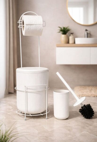 Okyanus Home Beyaz Stantlı Wc Kağıtlık LineaYuvarlak Çöp Kovası ve WC Fırça Seti