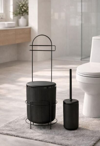 Okyanus Home Siyah Stantlı Wc Kağıtlık LineaYuvarlak Çöp Kovası ve WC Fırça Seti