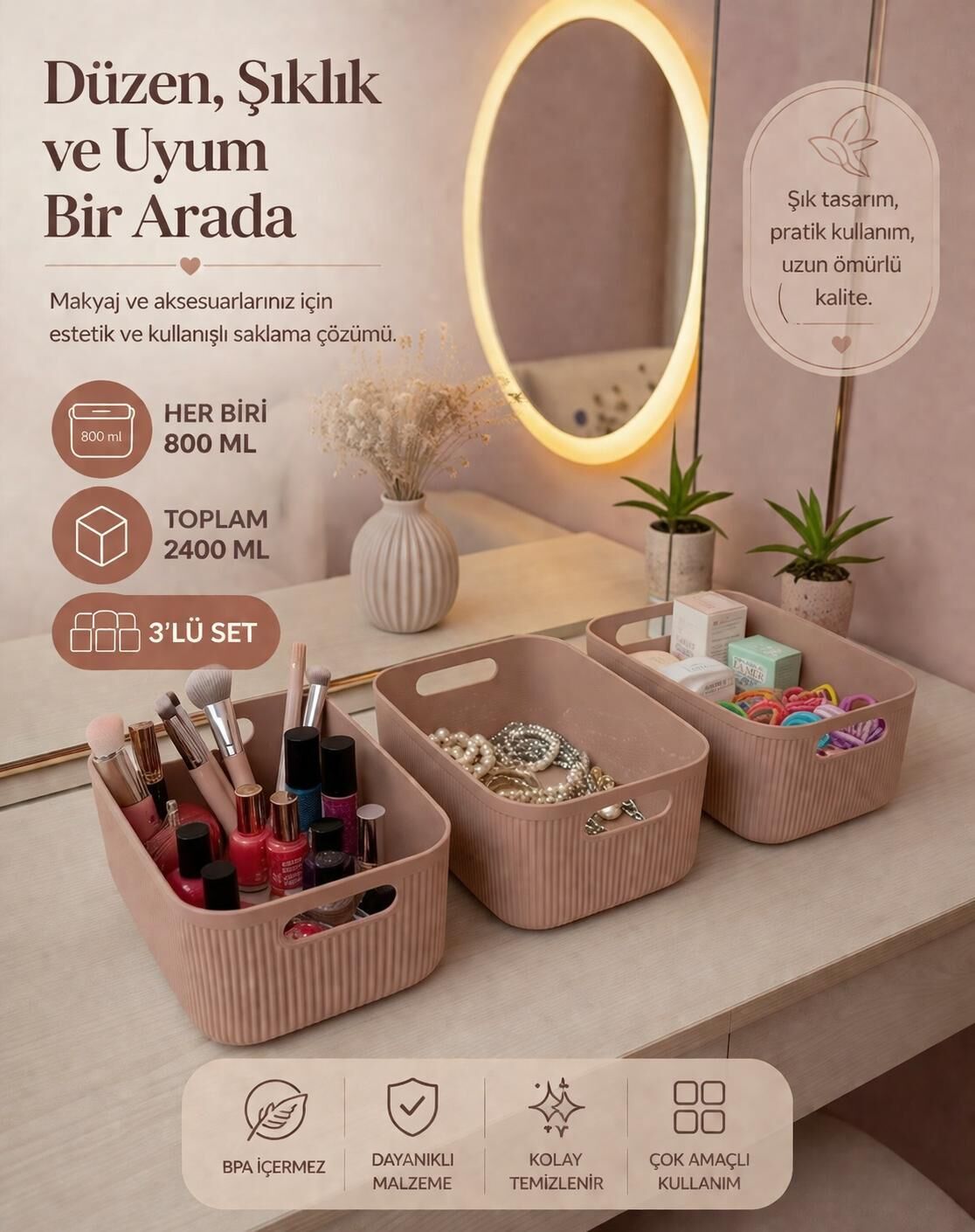 Okyanus Home Linea Smart Box Pembe 3'lü Set 2400 Ml