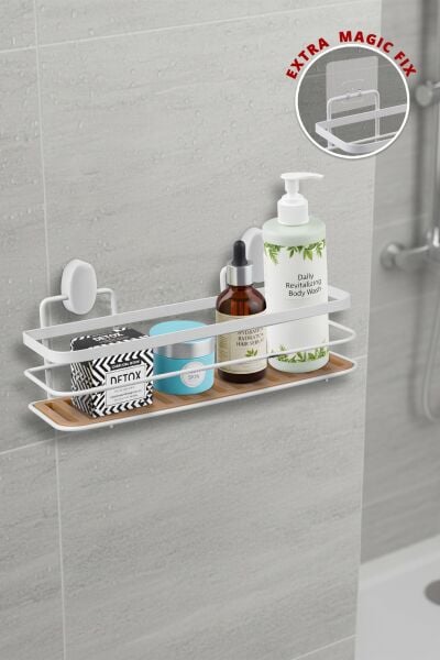 Okyanus Home Eko Magic Yapıştır&Vidala Due Tek Katlı Dikdörtgen Lamalı Şampuanlık 9,5 X 28,5 cm / Beyaz