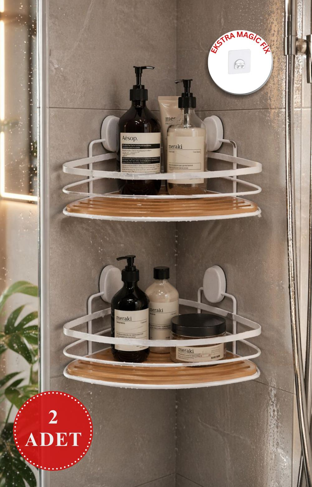 Okyanus Home Eko Magic Yapıştır&Vidala Due 2 Adet Tek Katlı Üçgen Lamalı Şampuanlık 21 cm / Beyaz