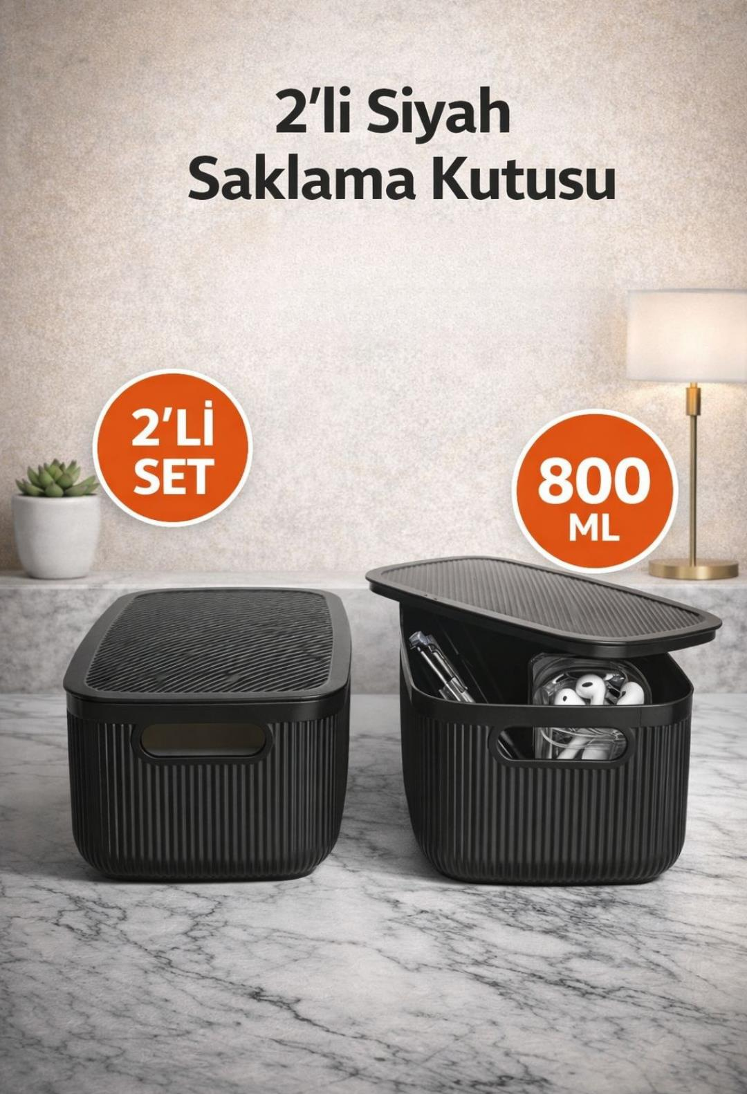 Okyanus Home Linea Smart Box Siyah 2,4 Lt 2 Adet Kapaklı Çok Amaçlı Saklama Kutusu