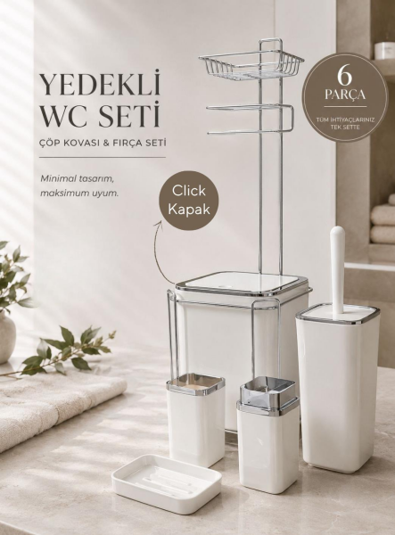 Okyanus Home  Beyaz Kare Kromlu  Yedekli Wc Kağıtlık ve 6 Parça Banyo Seti