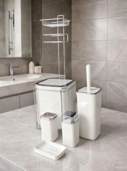 Okyanus Home  Beyaz Kare Kromlu  Yedekli Wc Kağıtlık ve 6 Parça Banyo Seti