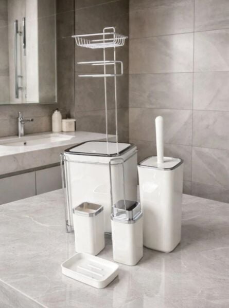 Okyanus Home  Beyaz Kare Kromlu  Yedekli Wc Kağıtlık ve 6 Parça Banyo Seti