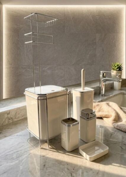 Okyanus Home  Beyaz Kare Kromlu  Yedekli Wc Kağıtlık ve 6 Parça Banyo Seti