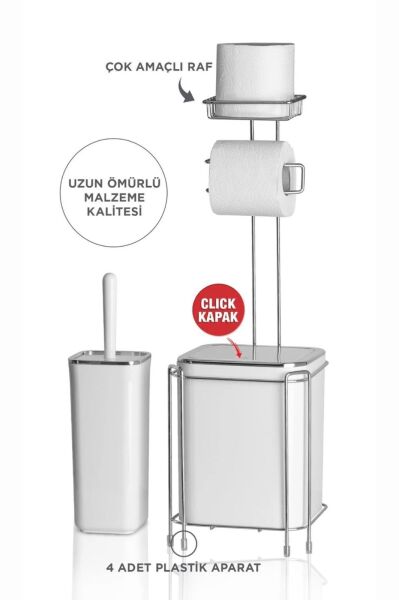 Okyanus Home  Beyaz Kare Kromlu  Yedekli Wc Kağıtlık ve 6 Parça Banyo Seti