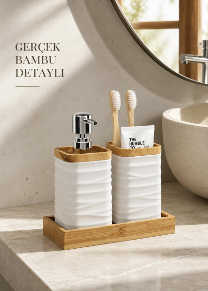 Okyanus Home Beyaz Bambulu Sıvı Sabunluk Ve Diş Fırçalık Seti