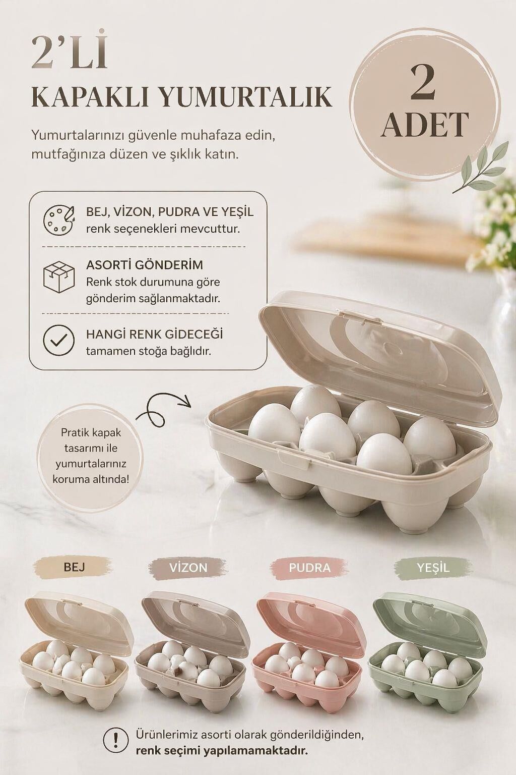 Okyanus Home 2 ADET Yumurta Saklama Kabı 8'li Karışık Renkli