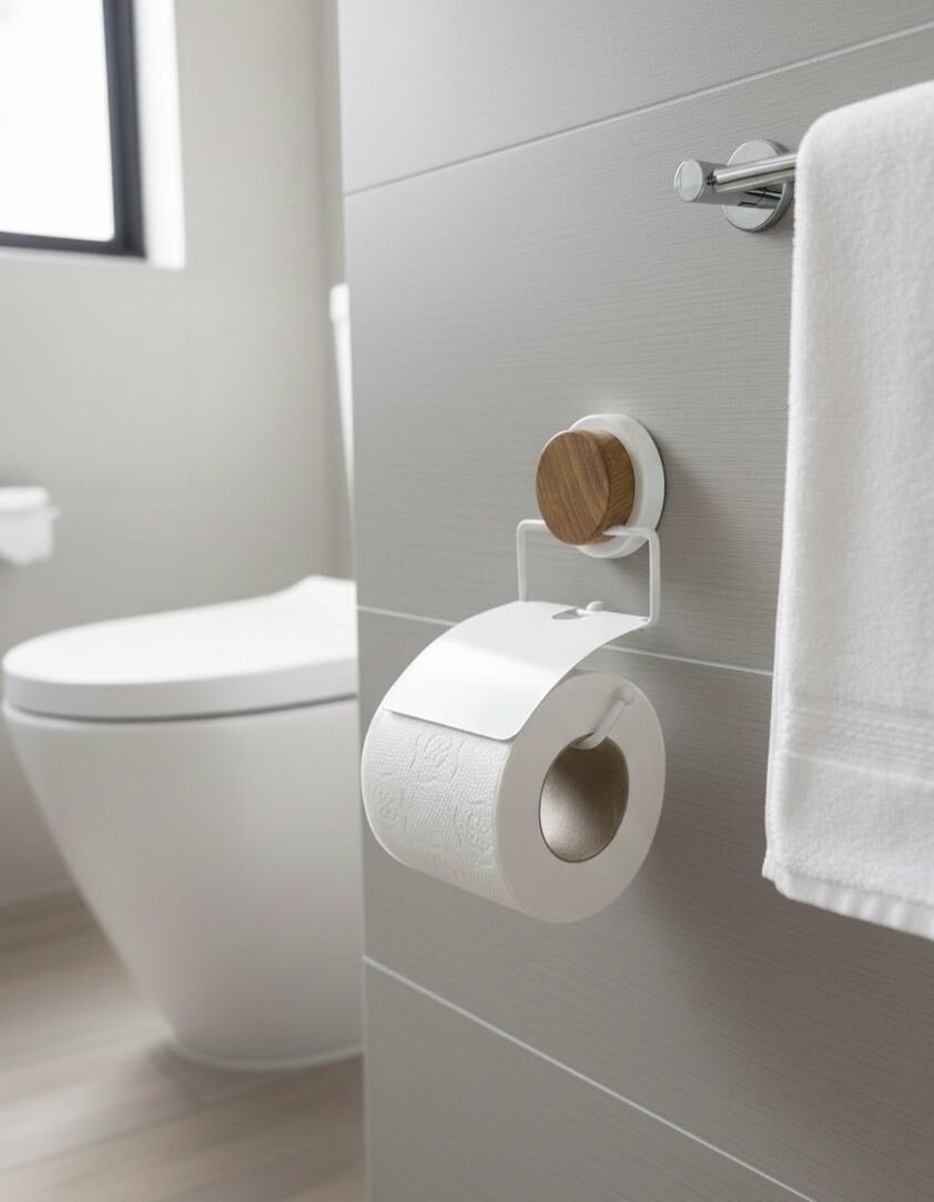 Okyanus Home Ahşap Desenli Magic Fix Sihirli Yapışkan Beyaz Kapaklı Tuvalet Kağıtlık