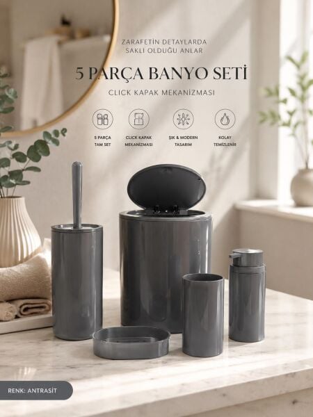 Okyanus Home Antrasit Yuvarlak 5'li Banyo Seti