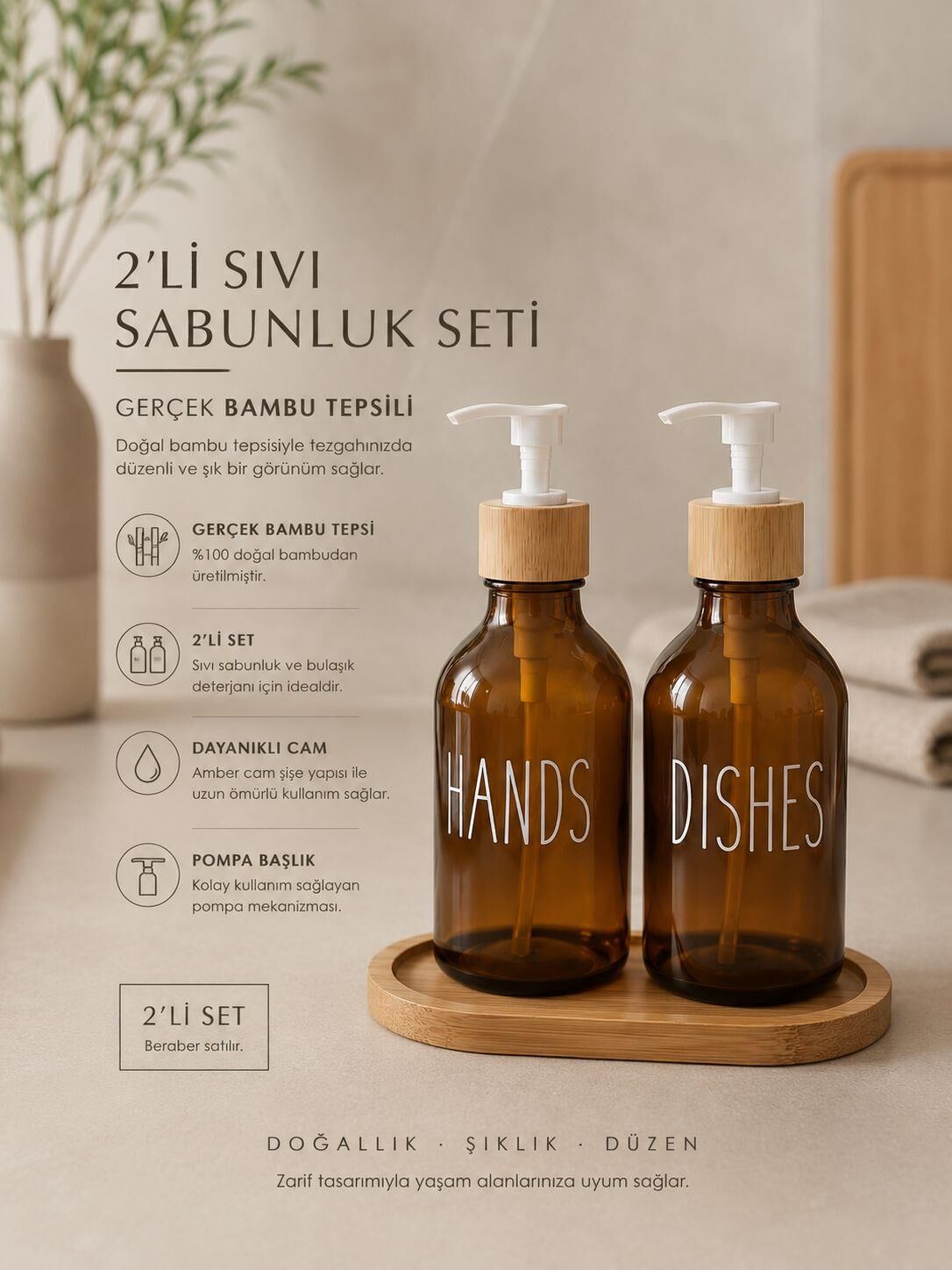 Okyanus Home Bambu Stantlı Amber 2'li  Cam Sıvı Sabunluk Seti 350ml