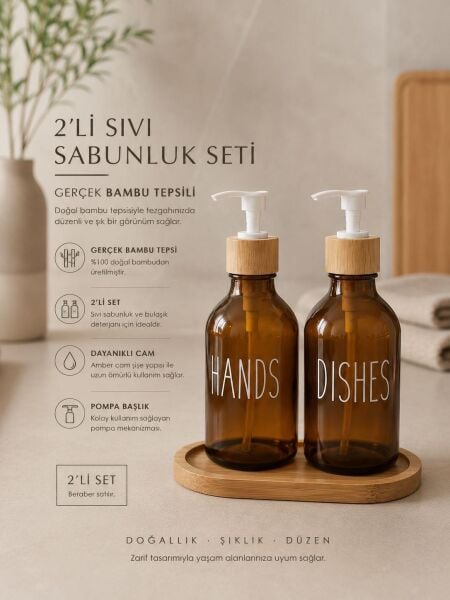 Okyanus Home Bambu Stantlı Amber 2'li  Cam Sıvı Sabunluk Seti 350ml