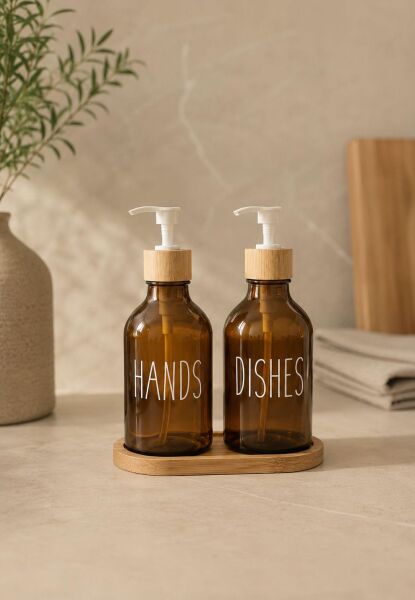 Okyanus Home Bambu Stantlı Amber 2'li  Cam Sıvı Sabunluk Seti 350ml