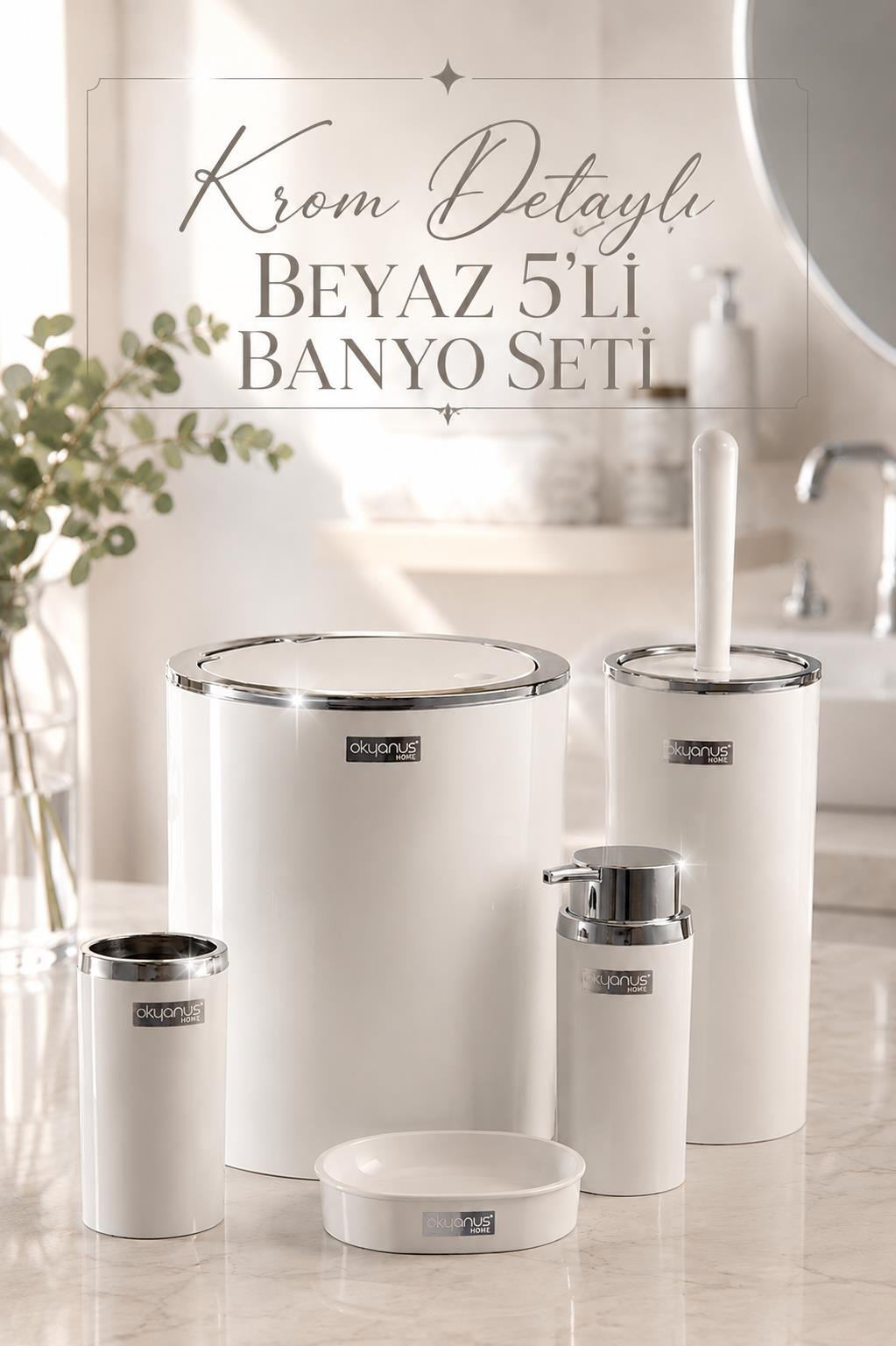 Okyanus Home Beyaz Yuvarlak Krom 5'li Banyo Seti