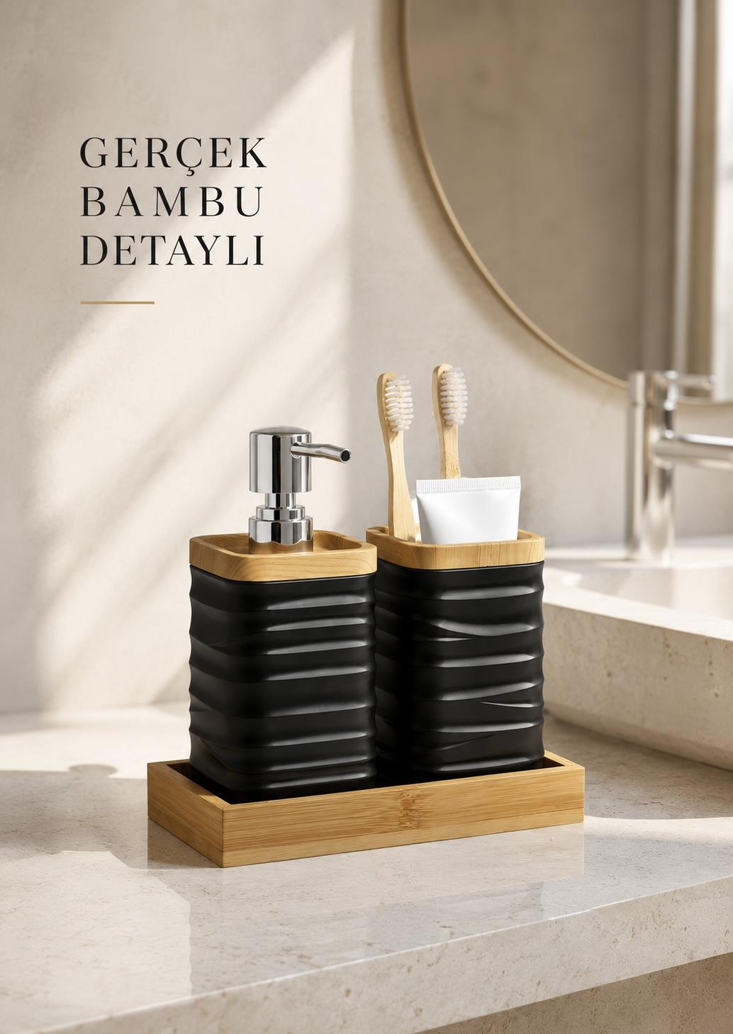 Okyanus Home Siyah Bambulu Sıvı Sabunluk Ve Diş Fırçalık Seti