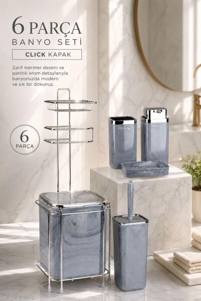 Okyanus Home  Kare Kromlu Mermer Desen Yedekli Wc Kağıtlık ve 6 Parça Banyo Seti