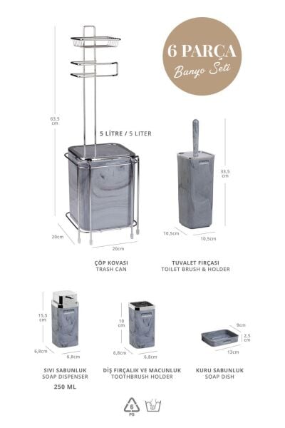 Okyanus Home  Kare Kromlu Mermer Desen Yedekli Wc Kağıtlık ve 6 Parça Banyo Seti