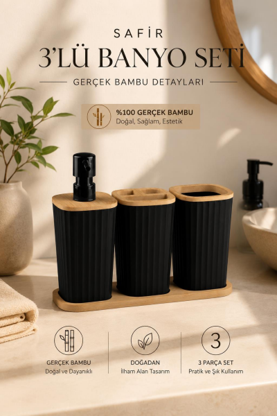 Okyanus Home Safir Bambu 3'lü Set Siyah