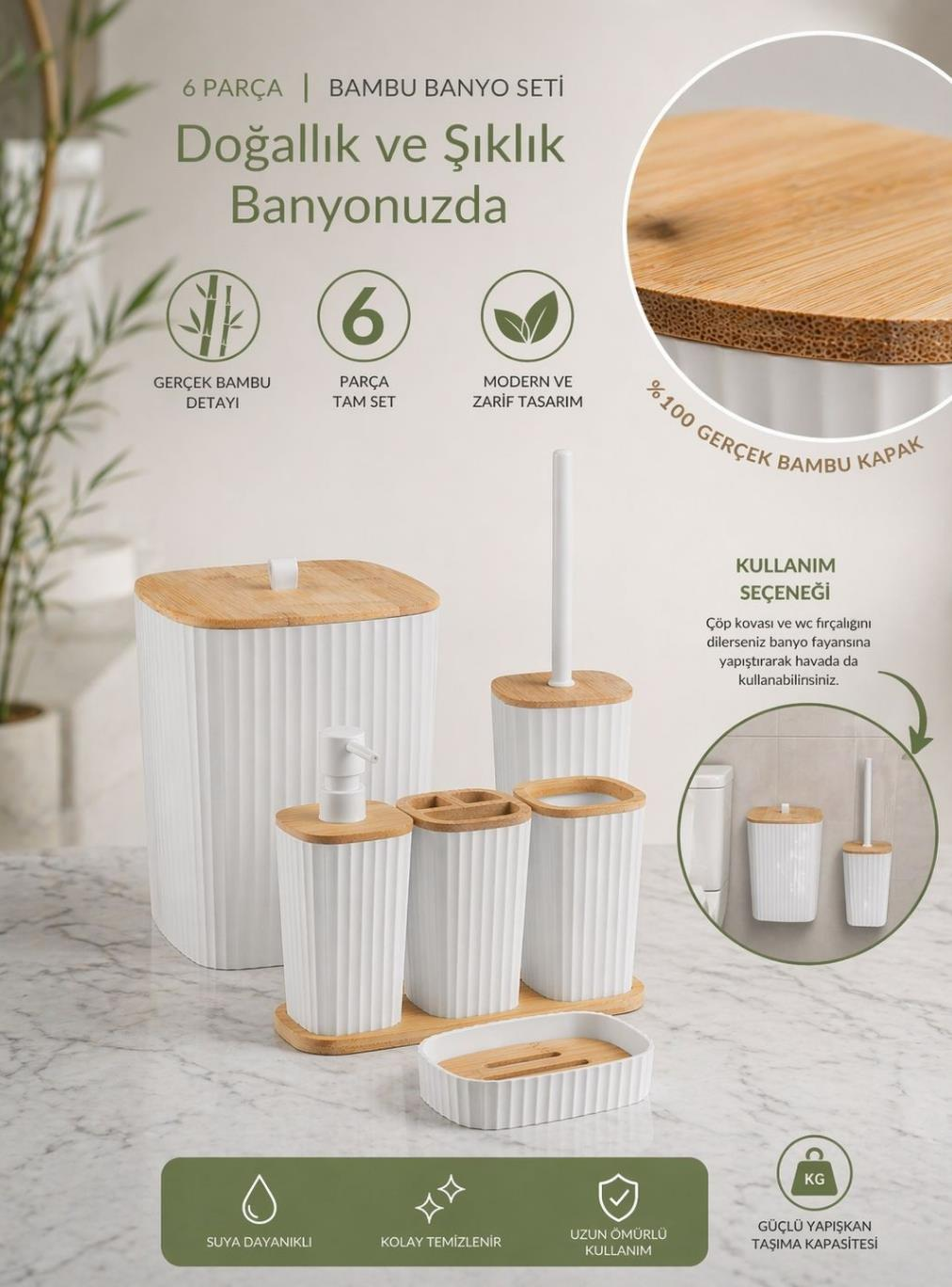 Okyanus Home Yapışkanlı Gerçek Bambu Beyaz 6'lı Safir Banyo Seti