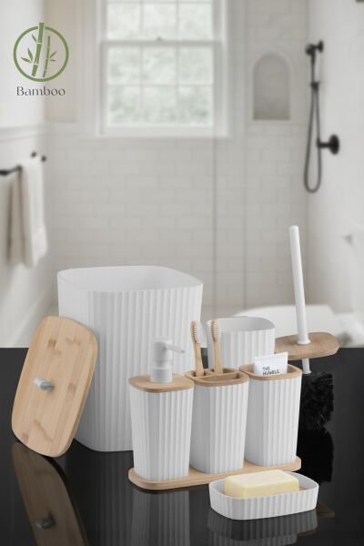 Okyanus Home Yapışkanlı Gerçek Bambu Beyaz 6'lı Safir Banyo Seti
