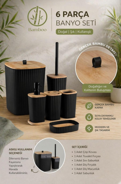 Okyanus Home Yapışkanlı Gerçek Bambu Siyah 6'lı Safir Banyo Seti