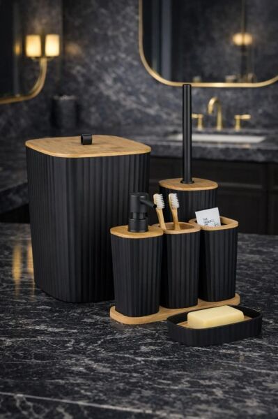 Okyanus Home Yapışkanlı Gerçek Bambu Siyah 6'lı Safir Banyo Seti