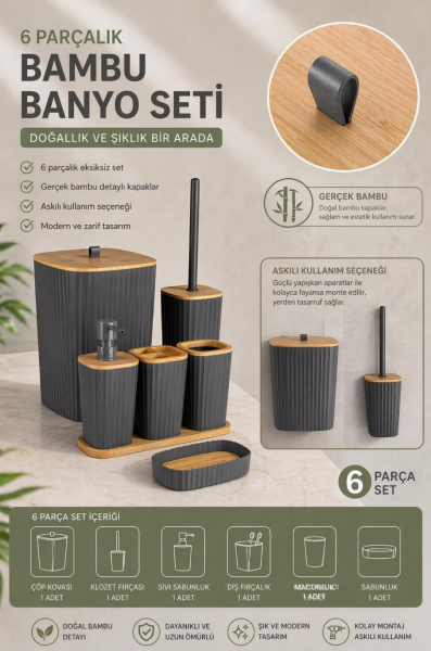 Okyanus Home Yapışkanlı Gerçek Bambu Antrasit 6'lı Safir Banyo Seti