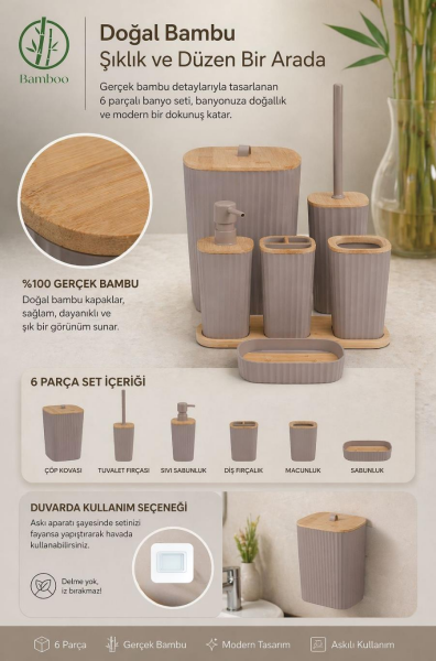 Okyanus Home Yapışkanlı Gerçek Bambu Vizon 6'lı Safir Banyo Seti