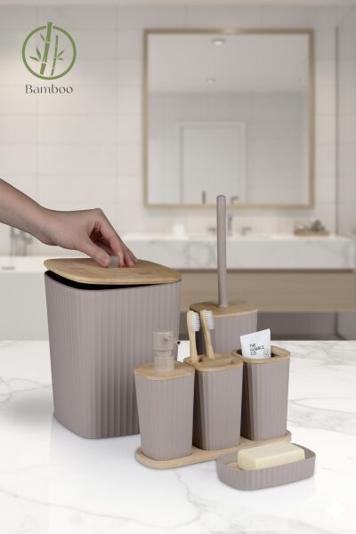 Okyanus Home Yapışkanlı Gerçek Bambu Vizon 6'lı Safir Banyo Seti