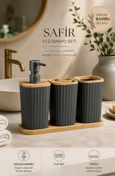 Okyanus Home Safir Bambu 3'lü Set Antrasit