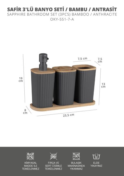 Okyanus Home Safir Bambu 3'lü Set Antrasit