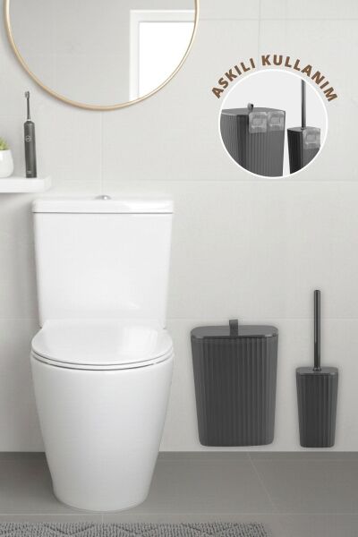 Okyanus Home Safir Yapışkanlı Wc Fırçalık ve Çöp Kovası Seti Antrasit 2'li Banyo Seti