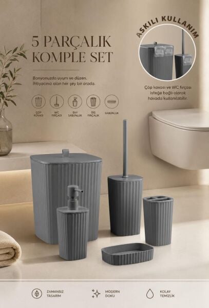 Okyanus Home Yapışkanlı  Safir Antrasit  5'li Banyo Seti