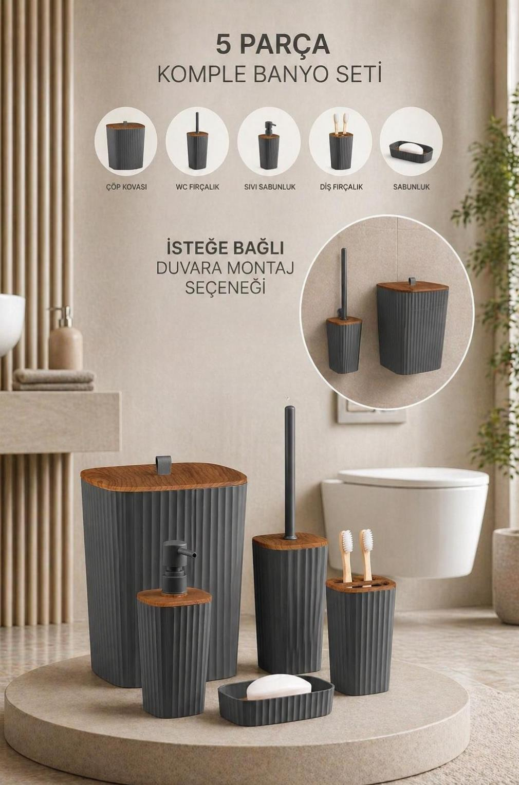 Okyanus Home Yapışkanlı Ahşap Desenli Safir Antrasit 5'li Banyo Seti