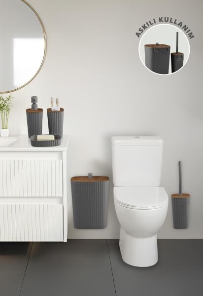 Okyanus Home Yapışkanlı Ahşap Desenli Safir Antrasit 5'li Banyo Seti