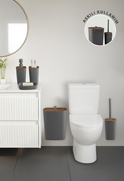 Okyanus Home Yapışkanlı Ahşap Desenli Safir Antrasit 5'li Banyo Seti