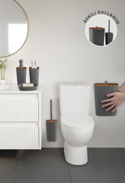 Okyanus Home Yapışkanlı Ahşap Desenli Safir Antrasit 5'li Banyo Seti