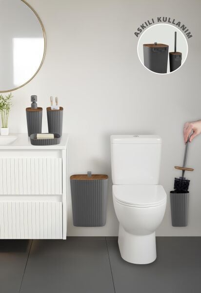 Okyanus Home Yapışkanlı Ahşap Desenli Safir Antrasit 5'li Banyo Seti