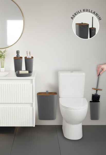 Okyanus Home Yapışkanlı Ahşap Desenli Safir Antrasit 5'li Banyo Seti