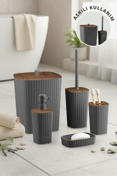 Okyanus Home Yapışkanlı Ahşap Desenli Safir Antrasit 5'li Banyo Seti