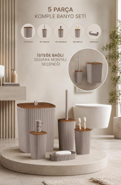 Okyanus Home Yapışkanlı Ahşap Desenli Safir Vizon 5'li Banyo Seti