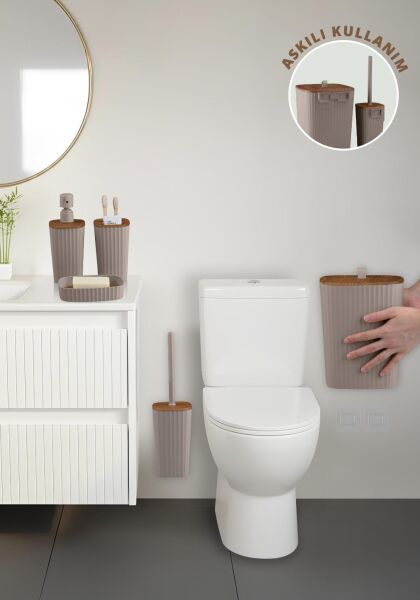 Okyanus Home Yapışkanlı Ahşap Desenli Safir Vizon 5'li Banyo Seti