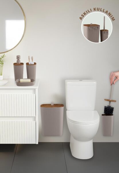 Okyanus Home Yapışkanlı Ahşap Desenli Safir Vizon 5'li Banyo Seti