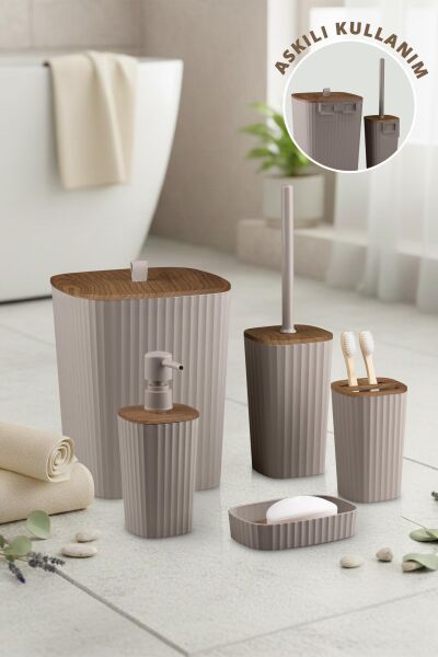 Okyanus Home Yapışkanlı Ahşap Desenli Safir Vizon 5'li Banyo Seti