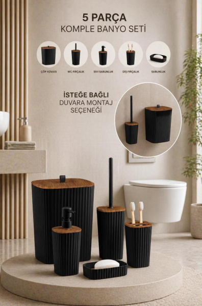 Okyanus Home Yapışkanlı Ahşap Desenli Safir Siyah 5'li Banyo Seti